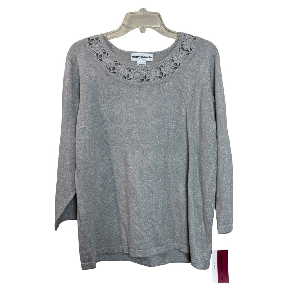 Cathy Daniels Womens Silver Metallic Gray Knit Sweater Glam Crochet NWT L y2k